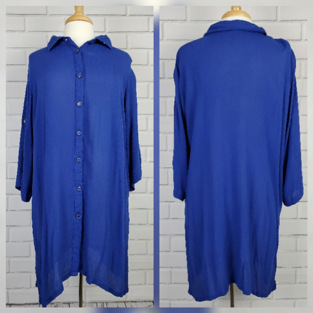 Roman's Long Blue Button Up Blouse/Dress 18W